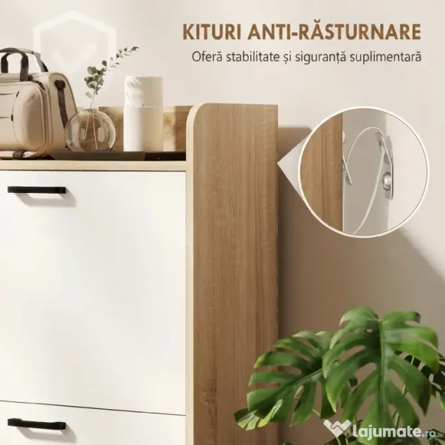 HOMCOM Dulap Slim pentru Pantofi cu 2 Sertare Rabatabile și 3 Compartimente, Capacitate 15 Perechi, 83x24x90,5 cm, Lemn și Alb | Aosom Romania