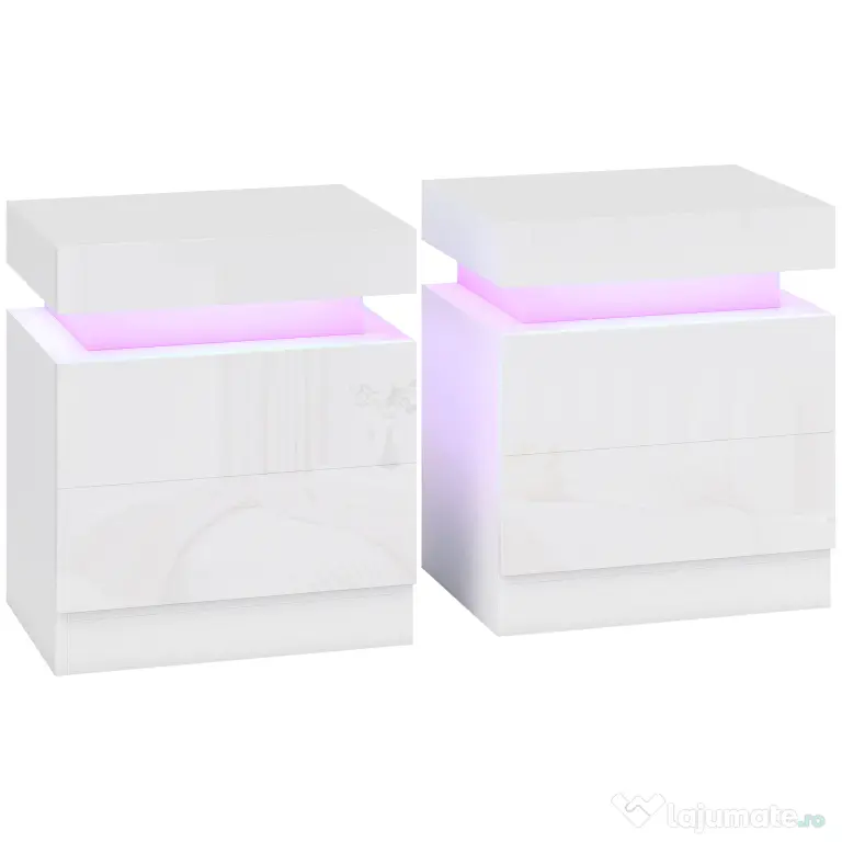 HOMCOM Set 2 Noptiere LED cu 4 Moduri, 2 Sertare, PAL, 45x35x52 cm, Alb Lucios | Aosom Romania