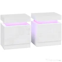 HOMCOM Set 2 Noptiere LED cu 4 Moduri, 2 Sertare, PAL, 45x35x52 cm, Alb Lucios | Aosom Romania