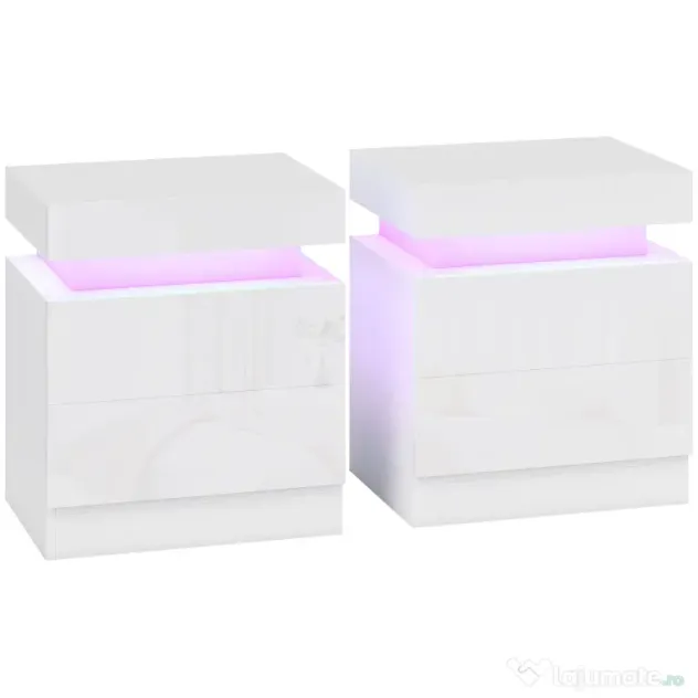 HOMCOM Set 2 Noptiere LED cu 4 Moduri, 2 Sertare, PAL, 45x35x52 cm, Alb Lucios | Aosom Romania