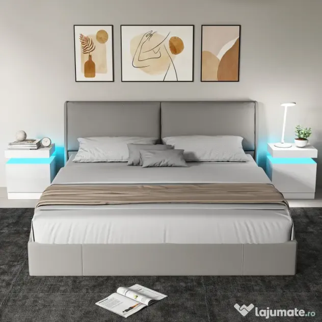 HOMCOM Set 2 Noptiere LED cu 4 Moduri, 2 Sertare, PAL, 45x35x52 cm, Alb Lucios | Aosom Romania