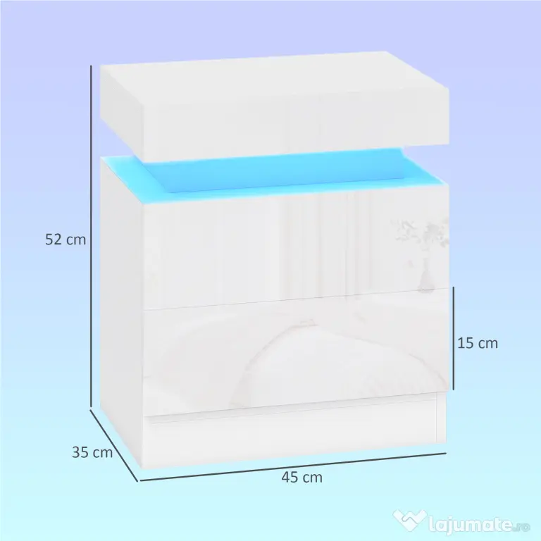 HOMCOM Set 2 Noptiere LED cu 4 Moduri, 2 Sertare, PAL, 45x35x52 cm, Alb Lucios | Aosom Romania