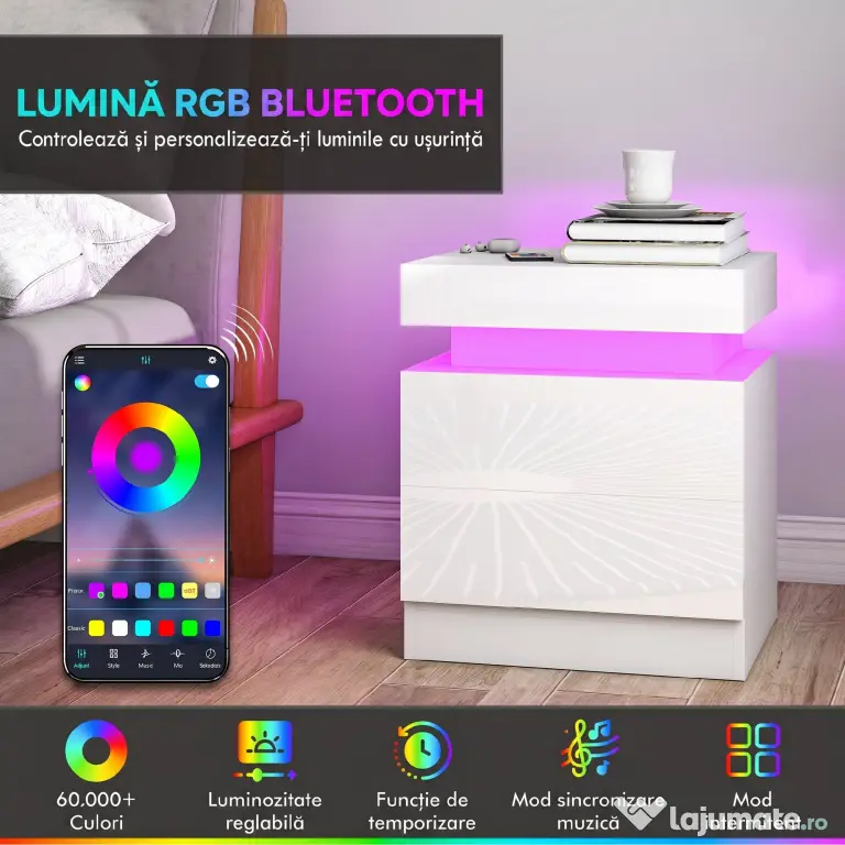 HOMCOM Set 2 Noptiere LED cu 4 Moduri, 2 Sertare, PAL, 45x35x52 cm, Alb Lucios | Aosom Romania