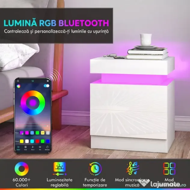 HOMCOM Set 2 Noptiere LED cu 4 Moduri, 2 Sertare, PAL, 45x35x52 cm, Alb Lucios | Aosom Romania