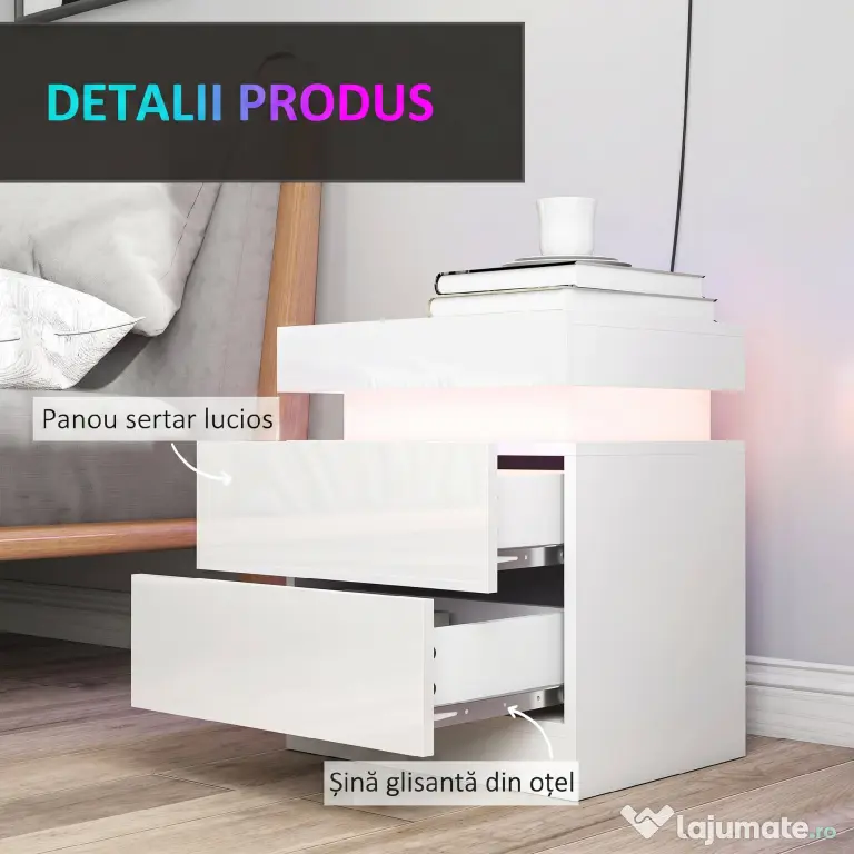HOMCOM Set 2 Noptiere LED cu 4 Moduri, 2 Sertare, PAL, 45x35x52 cm, Alb Lucios | Aosom Romania