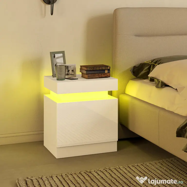 HOMCOM Set 2 Noptiere LED cu 4 Moduri, 2 Sertare, PAL, 45x35x52 cm, Alb Lucios | Aosom Romania