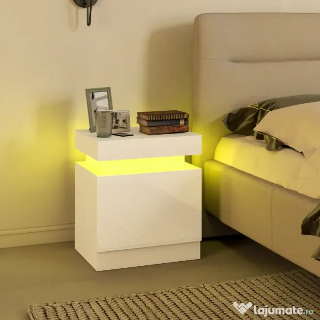 HOMCOM Set 2 Noptiere LED cu 4 Moduri, 2 Sertare, PAL, 45x35x52 cm, Alb Lucios | Aosom Romania
