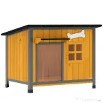 PawHut Cușcă pentru câini de exterior din lemn și oțel rezistent la mușcături, cu acoperiș rabatabil și perdea pentru ușă, galben | Aosom Romania