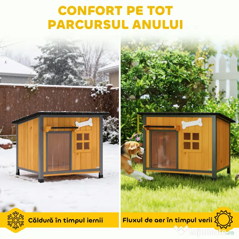 PawHut Cușcă pentru câini de exterior din lemn și oțel rezistent la mușcături, cu acoperiș rabatabil și perdea pentru ușă, galben | Aosom Romania