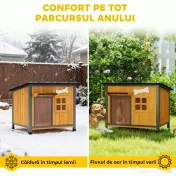 PawHut Cușcă pentru câini de exterior din lemn și oțel rezistent la mușcături, cu acoperiș rabatabil și perdea pentru ușă, galben | Aosom Romania 