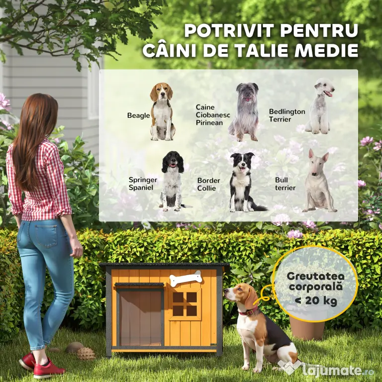 PawHut Cușcă pentru câini de exterior din lemn și oțel rezistent la mușcături, cu acoperiș rabatabil și perdea pentru ușă, galben | Aosom Romania