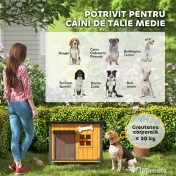 PawHut Cușcă pentru câini de exterior din lemn și oțel rezistent la mușcături, cu acoperiș rabatabil și perdea pentru ușă, galben | Aosom Romania 