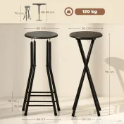 HOMCOM Set 2 Scaune de Bar Pliabile, Scaune de Bucătărie Înalte Rotunde cu 2 Suporturi pentru Picioare, Structură din Lemn și Oțel, Scaune de Bar, pentru Insulă, Negru | Aosom Romania