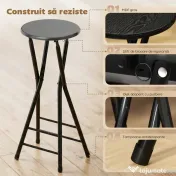 HOMCOM Set 2 Scaune de Bar Pliabile, Scaune de Bucătărie Înalte Rotunde cu 2 Suporturi pentru Picioare, Structură din Lemn și Oțel, Scaune de Bar, pentru Insulă, Negru | Aosom Romania