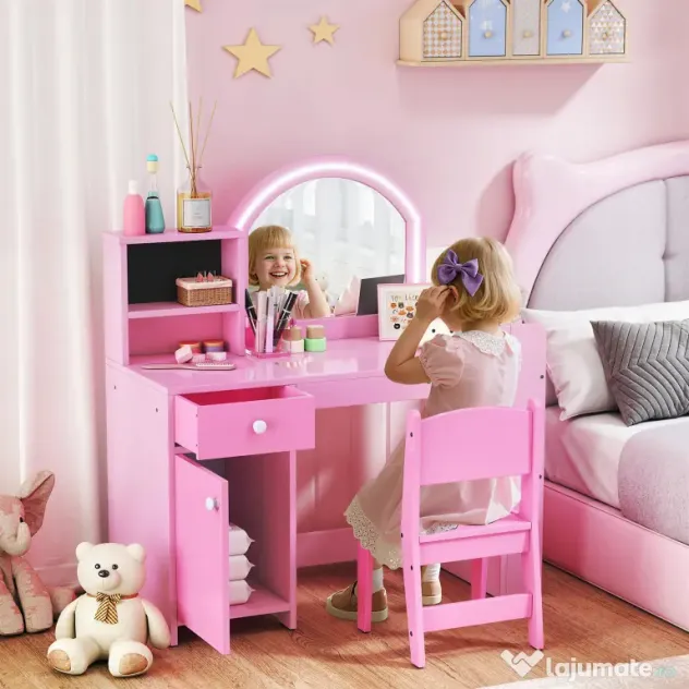 AIYAPLAY Set masă și scaun de machiaj pentru copii, cu lumini LED, MDF, Acril, 88.6 x 38.8 x 96.9, Roz | Aosom Romania