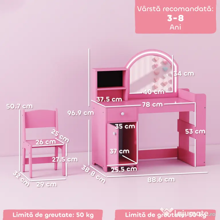 AIYAPLAY Set masă și scaun de machiaj pentru copii, cu lumini LED, MDF, Acril, 88.6 x 38.8 x 96.9, Roz | Aosom Romania