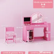 AIYAPLAY Set masă și scaun de machiaj pentru copii, cu lumini LED, MDF, Acril, 88.6 x 38.8 x 96.9, Roz | Aosom Romania 