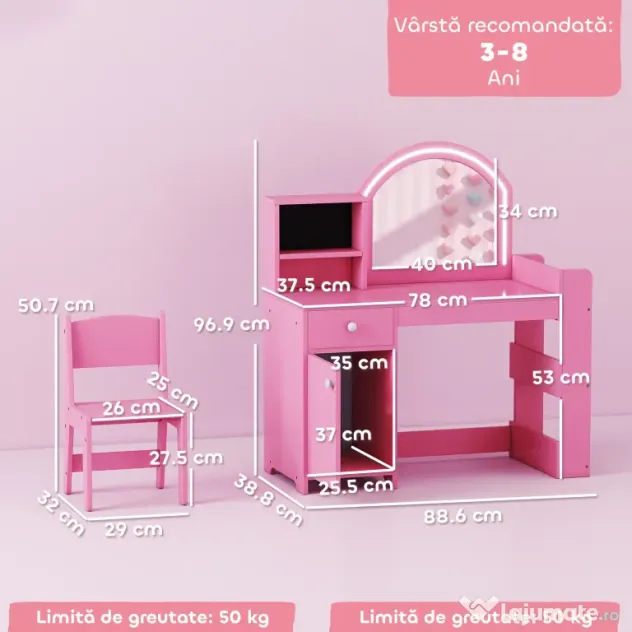 AIYAPLAY Set masă și scaun de machiaj pentru copii, cu lumini LED, MDF, Acril, 88.6 x 38.8 x 96.9, Roz | Aosom Romania