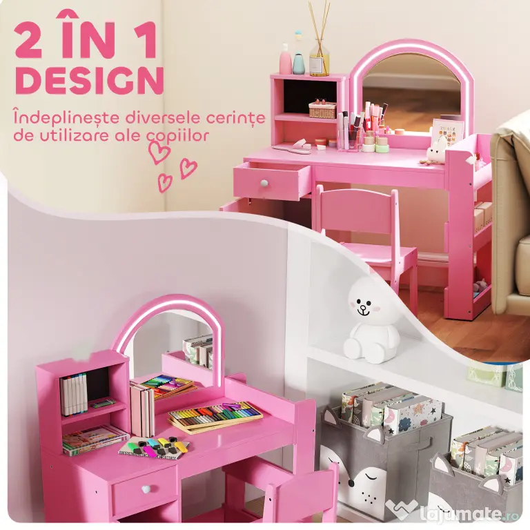 AIYAPLAY Set masă și scaun de machiaj pentru copii, cu lumini LED, MDF, Acril, 88.6 x 38.8 x 96.9, Roz | Aosom Romania