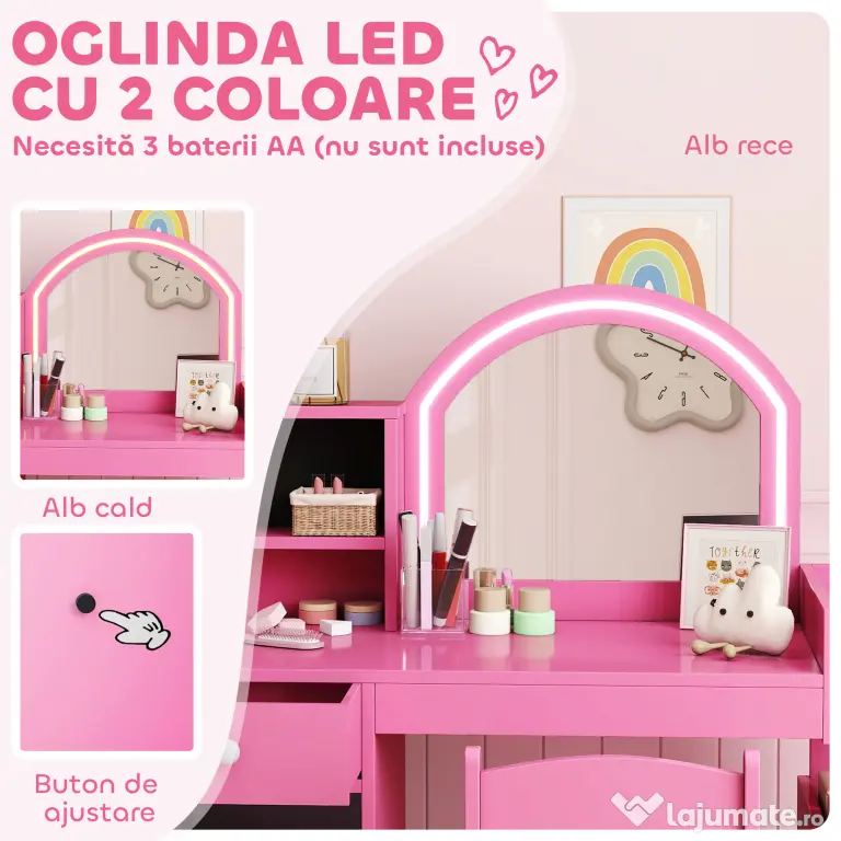 AIYAPLAY Set masă și scaun de machiaj pentru copii, cu lumini LED, MDF, Acril, 88.6 x 38.8 x 96.9, Roz | Aosom Romania