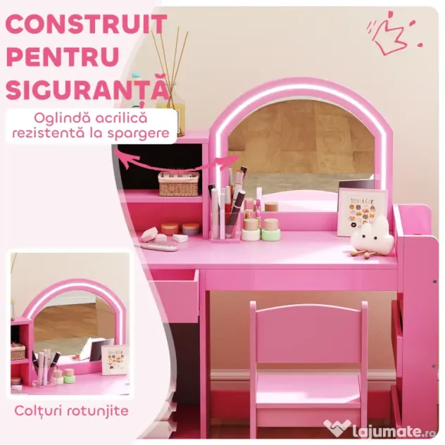 AIYAPLAY Set masă și scaun de machiaj pentru copii, cu lumini LED, MDF, Acril, 88.6 x 38.8 x 96.9, Roz | Aosom Romania