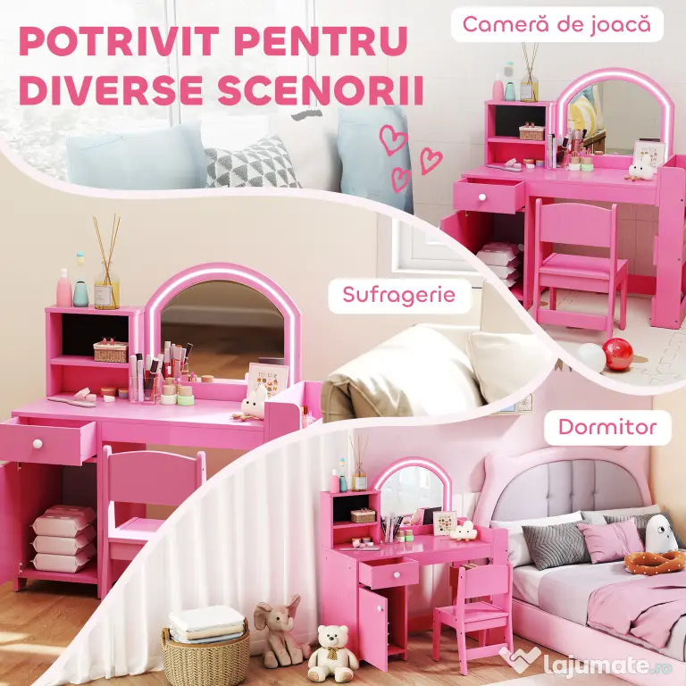 AIYAPLAY Set masă și scaun de machiaj pentru copii, cu lumini LED, MDF, Acril, 88.6 x 38.8 x 96.9, Roz | Aosom Romania