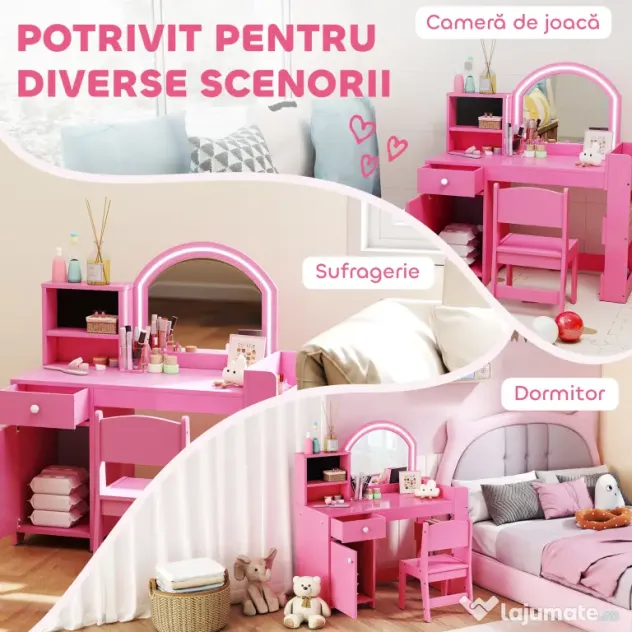 AIYAPLAY Set masă și scaun de machiaj pentru copii, cu lumini LED, MDF, Acril, 88.6 x 38.8 x 96.9, Roz | Aosom Romania