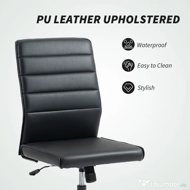 Scaun de birou ergonomic și ajustabil HOMCOM cu spătar curbat, din piele PU și oțel, 58x53x97-107 cm, Negru | Aosom Romania