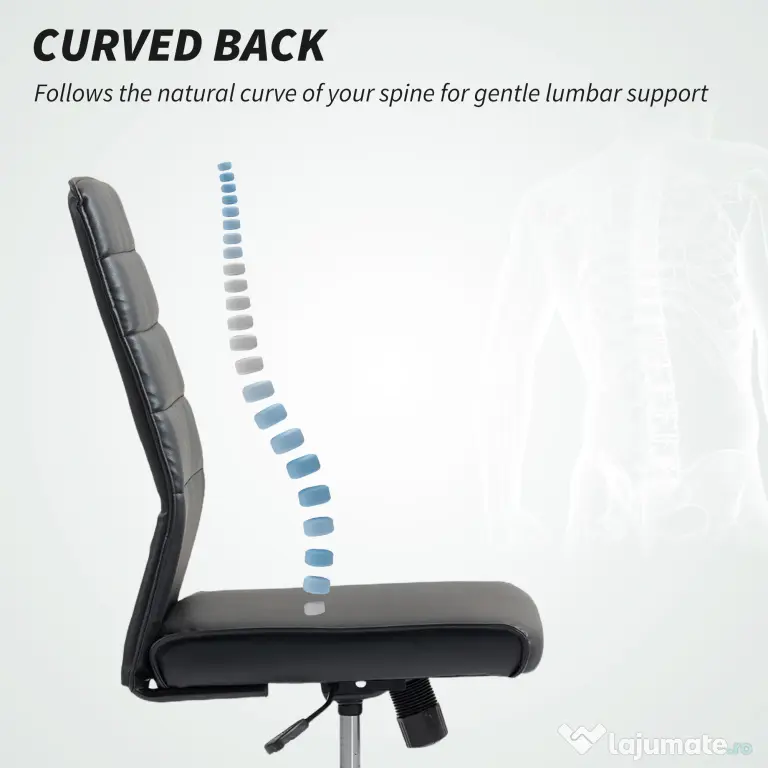 Scaun de birou ergonomic și ajustabil HOMCOM cu spătar curbat, din piele PU și oțel, 58x53x97-107 cm, Negru | Aosom Romania