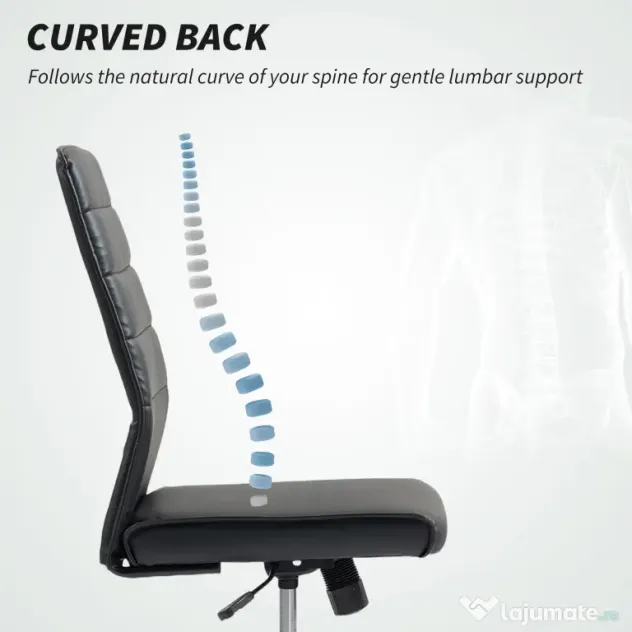 Scaun de birou ergonomic și ajustabil HOMCOM cu spătar curbat, din piele PU și oțel, 58x53x97-107 cm, Negru | Aosom Romania
