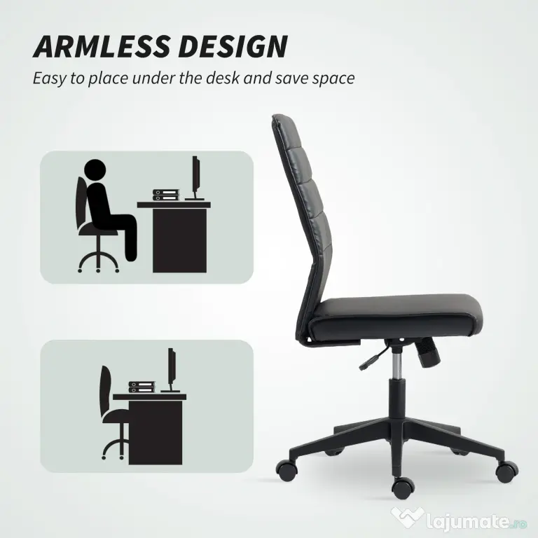 Scaun de birou ergonomic și ajustabil HOMCOM cu spătar curbat, din piele PU și oțel, 58x53x97-107 cm, Negru | Aosom Romania