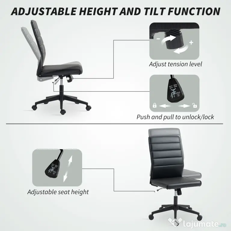 Scaun de birou ergonomic și ajustabil HOMCOM cu spătar curbat, din piele PU și oțel, 58x53x97-107 cm, Negru | Aosom Romania
