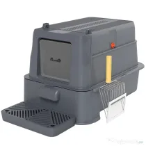 PawHut Litieră Închisă de 80L pentru Pisici cu Tavă Detașabilă, în ABS și Oțel Inoxidabil, 63x43x43 cm, Gri Închis | Aosom Romania