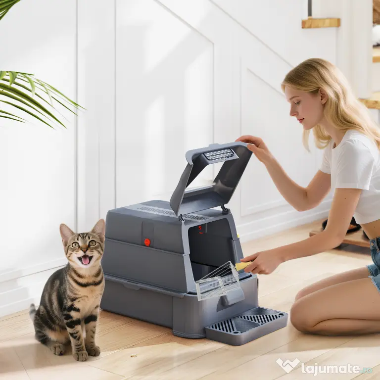 PawHut Litieră Închisă de 80L pentru Pisici cu Tavă Detașabilă, în ABS și Oțel Inoxidabil, 63x43x43 cm, Gri Închis | Aosom Romania