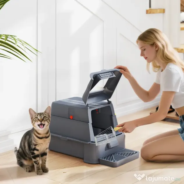 PawHut Litieră Închisă de 80L pentru Pisici cu Tavă Detașabilă, în ABS și Oțel Inoxidabil, 63x43x43 cm, Gri Închis | Aosom Romania