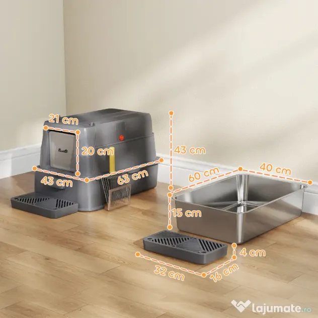PawHut Litieră Închisă de 80L pentru Pisici cu Tavă Detașabilă, în ABS și Oțel Inoxidabil, 63x43x43 cm, Gri Închis | Aosom Romania