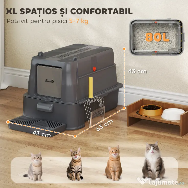 PawHut Litieră Închisă de 80L pentru Pisici cu Tavă Detașabilă, în ABS și Oțel Inoxidabil, 63x43x43 cm, Gri Închis | Aosom Romania