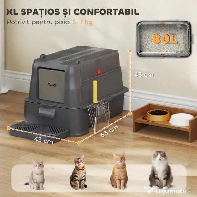PawHut Litieră Închisă de 80L pentru Pisici cu Tavă Detașabilă, în ABS și Oțel Inoxidabil, 63x43x43 cm, Gri Închis | Aosom Romania
