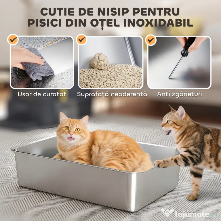 PawHut Litieră Închisă de 80L pentru Pisici cu Tavă Detașabilă, în ABS și Oțel Inoxidabil, 63x43x43 cm, Gri Închis | Aosom Romania