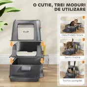PawHut Litieră Închisă de 80L pentru Pisici cu Tavă Detașabilă, în ABS și Oțel Inoxidabil, 63x43x43 cm, Gri Închis | Aosom Romania