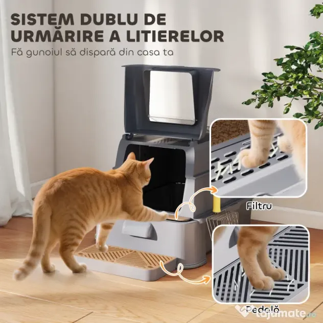 PawHut Litieră Închisă de 80L pentru Pisici cu Tavă Detașabilă, în ABS și Oțel Inoxidabil, 63x43x43 cm, Gri Închis | Aosom Romania