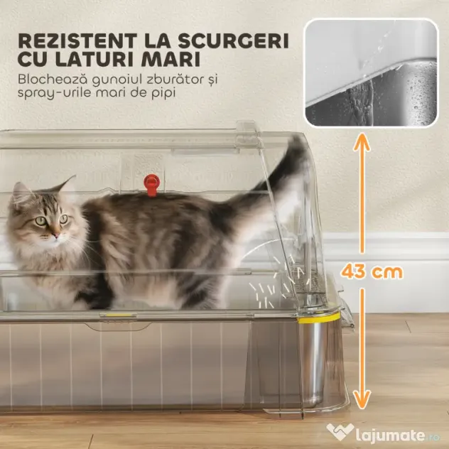 PawHut Litieră Închisă de 80L pentru Pisici cu Tavă Detașabilă, în ABS și Oțel Inoxidabil, 63x43x43 cm, Gri Închis | Aosom Romania