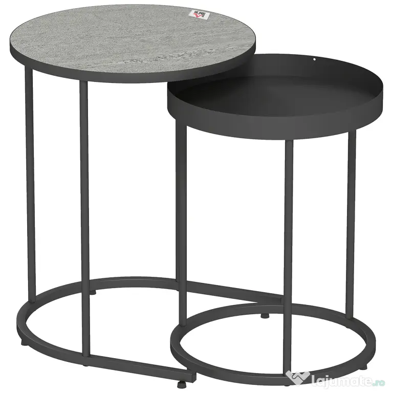 HOMCOM Set de 2 Măsuțe de Cafea în Stil Industrial, din Lemn și Metal, Ø42x54 cm și Ø36.5x48.5 cm, Gri și Negru | Aosom Romania