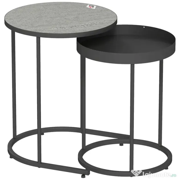 HOMCOM Set de 2 Măsuțe de Cafea în Stil Industrial, din Lemn și Metal, Ø42x54 cm și Ø36.5x48.5 cm, Gri și Negru | Aosom Romania