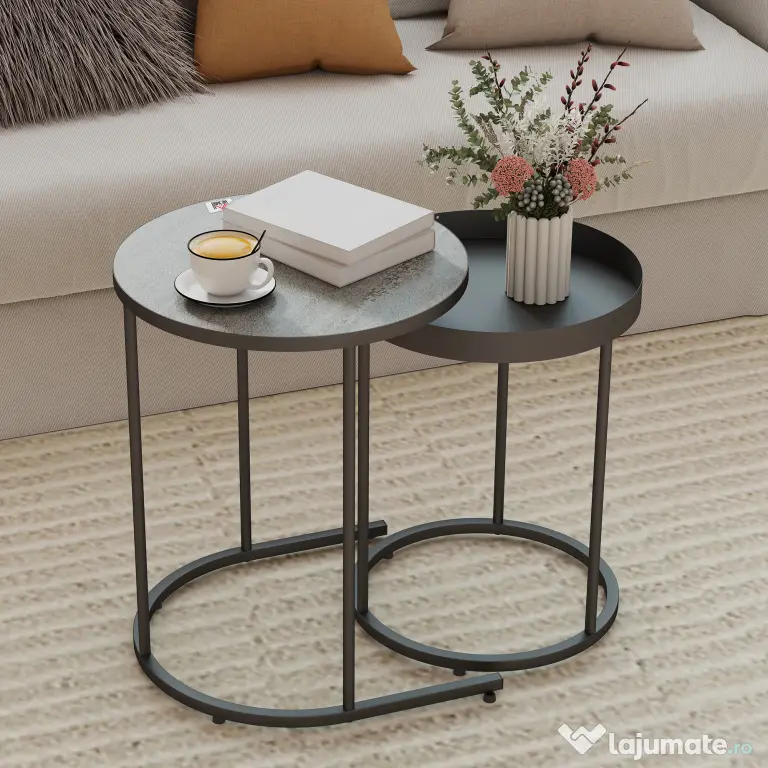 HOMCOM Set de 2 Măsuțe de Cafea în Stil Industrial, din Lemn și Metal, Ø42x54 cm și Ø36.5x48.5 cm, Gri și Negru | Aosom Romania