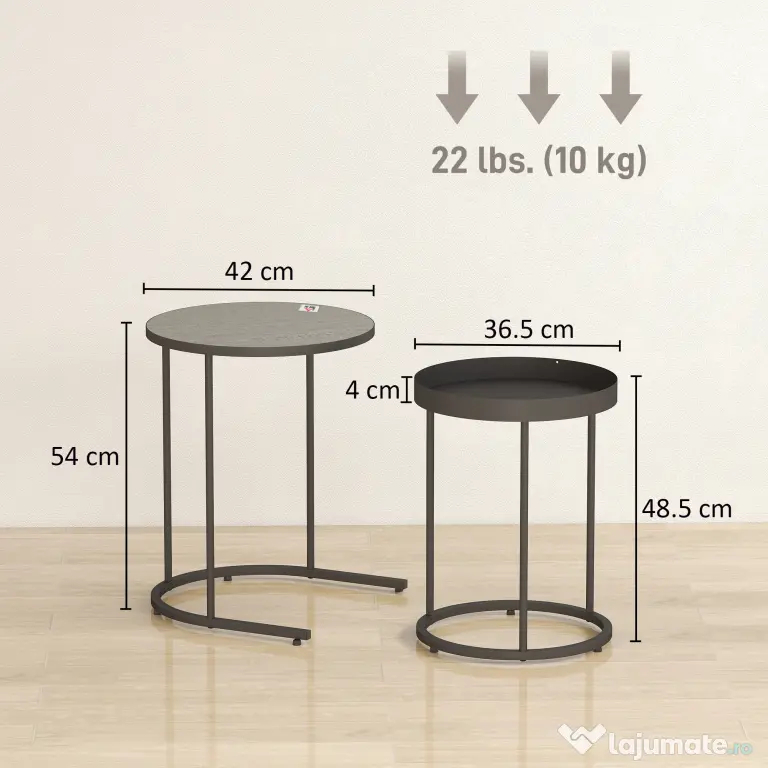HOMCOM Set de 2 Măsuțe de Cafea în Stil Industrial, din Lemn și Metal, Ø42x54 cm și Ø36.5x48.5 cm, Gri și Negru | Aosom Romania