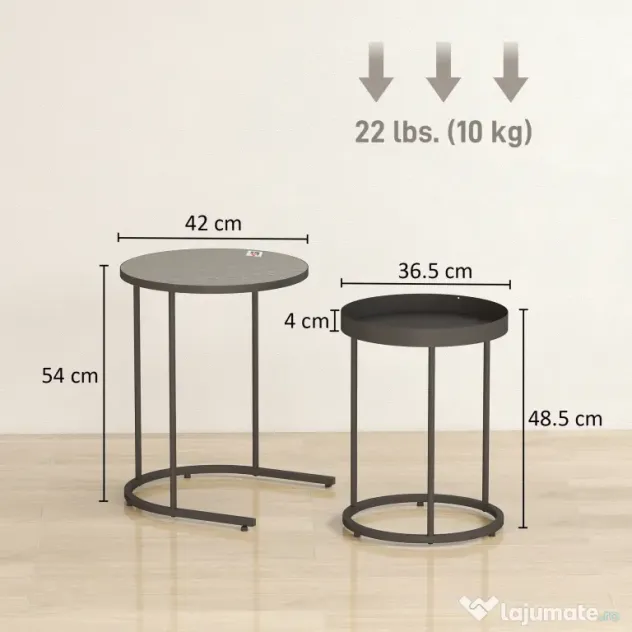 HOMCOM Set de 2 Măsuțe de Cafea în Stil Industrial, din Lemn și Metal, Ø42x54 cm și Ø36.5x48.5 cm, Gri și Negru | Aosom Romania
