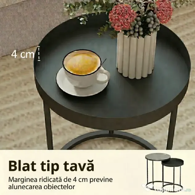 HOMCOM Set de 2 Măsuțe de Cafea în Stil Industrial, din Lemn și Metal, Ø42x54 cm și Ø36.5x48.5 cm, Gri și Negru | Aosom Romania