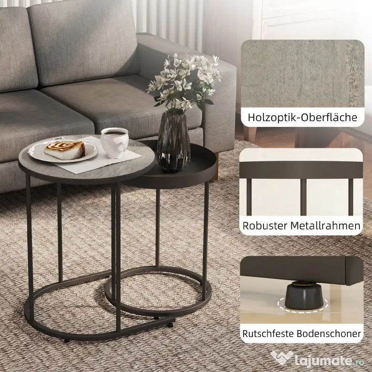HOMCOM Set de 2 Măsuțe de Cafea în Stil Industrial, din Lemn și Metal, Ø42x54 cm și Ø36.5x48.5 cm, Gri și Negru | Aosom Romania