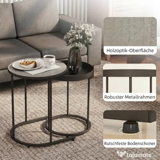 HOMCOM Set de 2 Măsuțe de Cafea în Stil Industrial, din Lemn și Metal, Ø42x54 cm și Ø36.5x48.5 cm, Gri și Negru | Aosom Romania